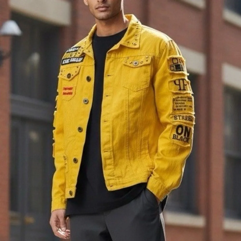 Yellow Graphic Denim Trucker Jacket Studded Streetwear School Ruined My Uff Mens